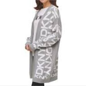 DKNY Gray and White Scrambled Logo Open Duster Cardigan Sweater Plus Size 3X New